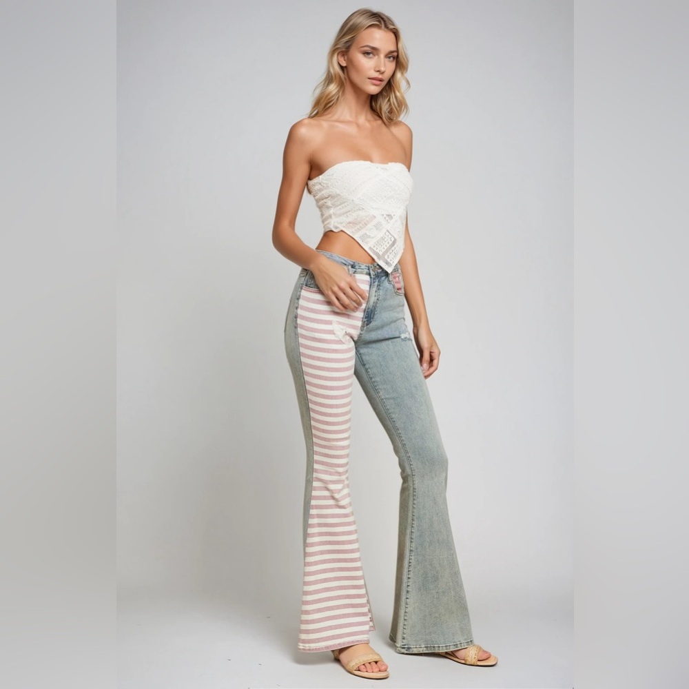 USA Striped Bellbottom Flare Jeans | Patriotic Rodeo Festival Denim | Red White - Picture 2 of 3